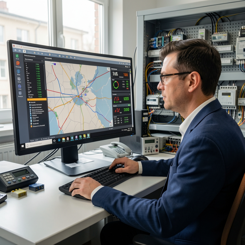 Инжењер у контролној соби електроенергетског система са мониторима приказаним картом преносне мреже и индикаторима стања система у реалном времену
