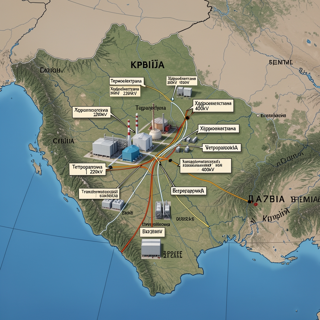 Детаљна карта Србије са означеним локацијама термоелектрана, хидроелектрана, ветропаркова, трансформаторских станица 400кВ и 220кВ, и интерконективних далековода са суседним земљама